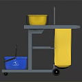 Commercial Cleaning Cart With Yellow Trash Bin Blue Red Buckets Metal Frame And Wheels