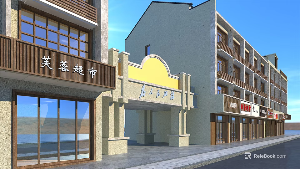 Commercial Street with Supermarket Snack Shop Multi Story Buildings and Glass Windows 3d model 
