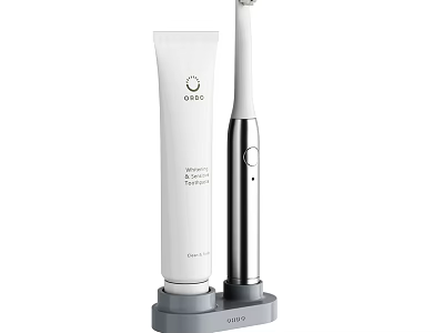 Daily Cleaning Essentials White Toothpaste Tube And White Silver Electric Toothbrush On Gray Stand 3d model