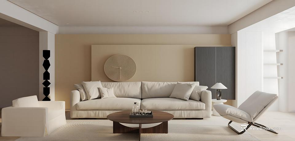 Elegant Modern Living Room Interior With Beige Sofa Round Coffee Table And Circular Wall Decor 3d model 