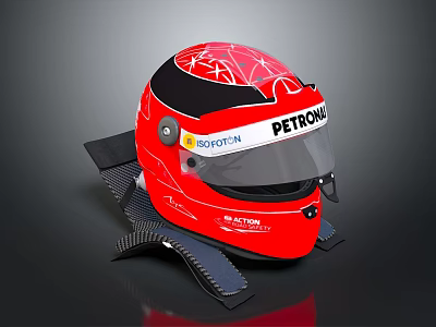 Red Racing Helmet With PETRONAS Logo And BELL Brand On Black Stand Gray Background 3d model