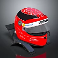 Red Racing Helmet With PETRONAS Logo And BELL Brand On Black Stand Gray Background