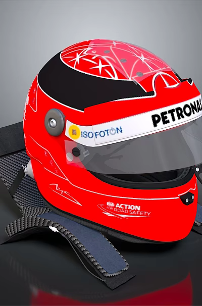 Red Racing Helmet With PETRONAS Logo And BELL Brand On Black Stand Gray Background 3d model