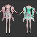 Anime Character Dresses With Pink And Light Green Layered Skirts White Stockings And Shoes