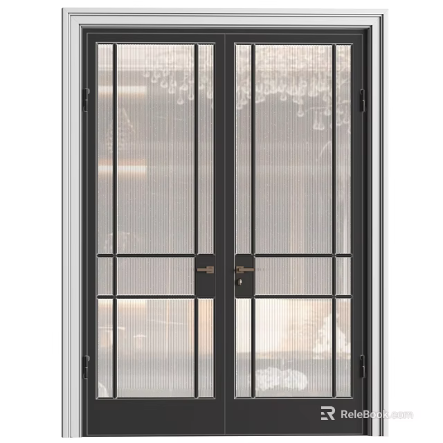 Modern Black Frame Double Glass Doors With Grid Design For Interior 3d model 