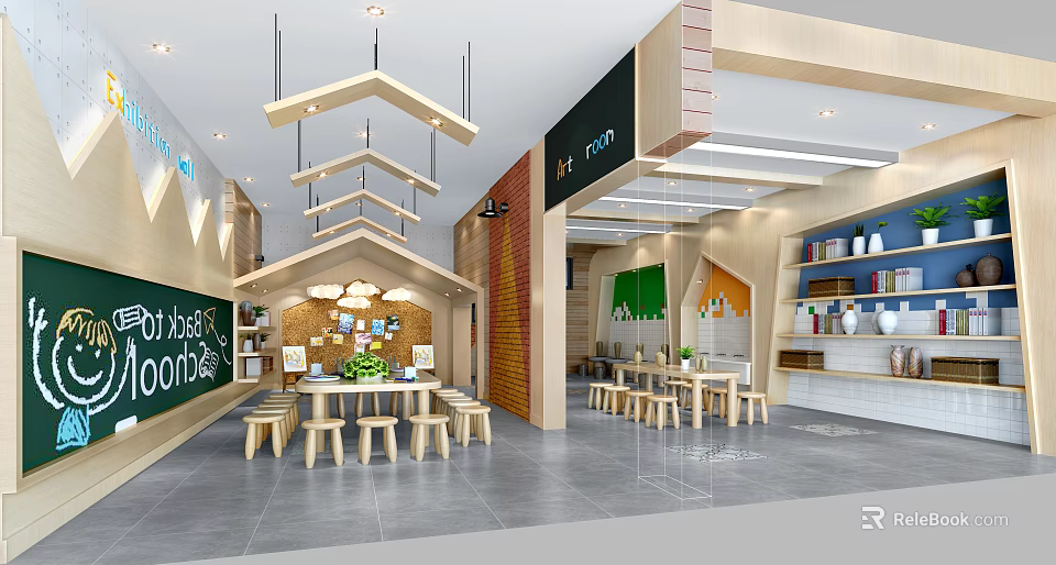 Kindergarten Classroom Interior With Wooden Tables Stools Blackboard Bookshelves And Green Plants 3d model 