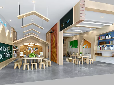 Kindergarten Classroom Interior With Wooden Tables Stools Blackboard Bookshelves And Green Plants 3d model
