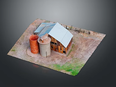 Rustic Barn Structure With Metal Roof Red And Gray Silos Wooden Fence Dirt And Grass 3d model