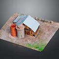 Rustic Barn Structure With Metal Roof Red And Gray Silos Wooden Fence Dirt And Grass