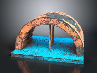 Weathered Arched Structure Featuring Orange Blue Hues With Two Wooden Support Sticks On Blue Base 3d model