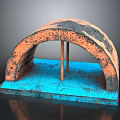 Weathered Arched Structure Featuring Orange Blue Hues With Two Wooden Support Sticks On Blue Base