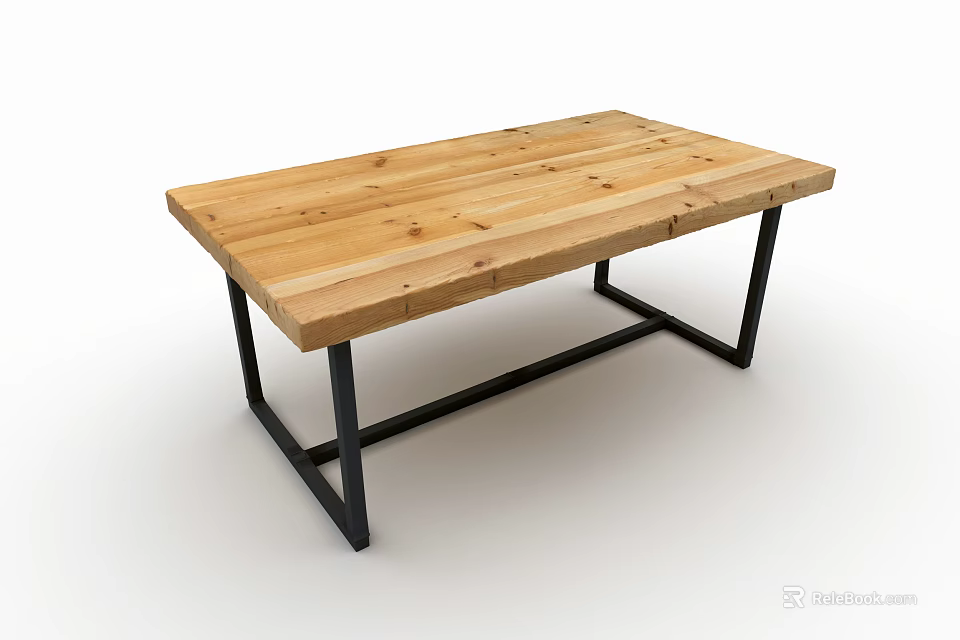 Rustic Rectangular Wooden Table With Black Metal Frame And Natural Grain 3d model 