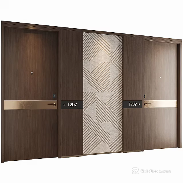 Wooden Sliding Door With Geometric Pattern And Gold Decorative Strip In Hotel Corridor 3d model 