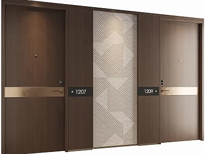 Wooden Sliding Door With Geometric Pattern And Gold Decorative Strip In Hotel Corridor 3d model