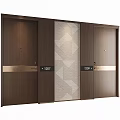 Wooden Sliding Door With Geometric Pattern And Gold Decorative Strip In Hotel Corridor