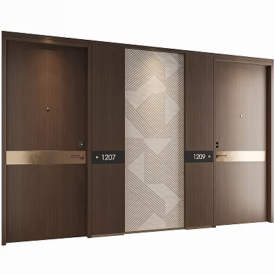 Wooden Sliding Door With Geometric Pattern And Gold Decorative Strip In Hotel Corridor 3d model
