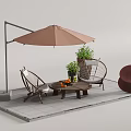 Modern Outdoor Table with Umbrella Chairs and Potted Plants on Slate Patio