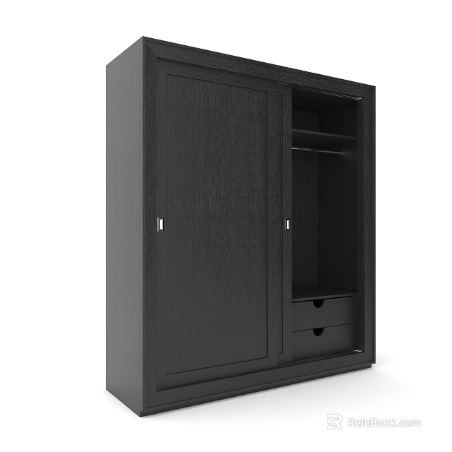 Black Wooden Wardrobe With Sliding Doors Internal Shelves And Storage Drawers 3d model 