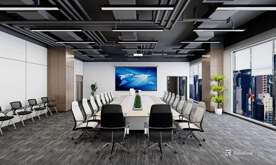 Modern Conference Room Interior With Long Table Large Screen And Multiple Chairs 3d model