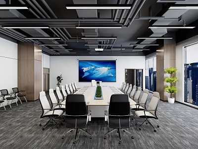 Modern Conference Room Interior With Long Table Large Screen And Multiple Chairs 3d model