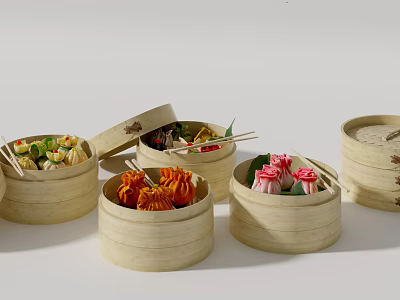 Traditional Bamboo Steamers for Steaming Delicious Dim Sum with Lid and Chopsticks 3d model