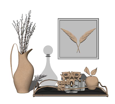 Decorative Ornament Combination With Vase Dried Branches Leaf Painting Tray And Rose Decorations 3d model