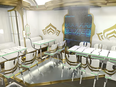 Modern Luxurious Restaurant Interior With White And Gold Decor And Elegant Lighting 3d model