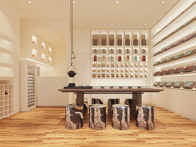 Traditional Teahouse Interior With Central Wooden Table Stone Stools And Tea Display Shelves 3d model