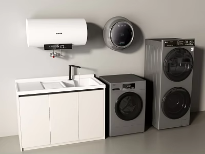 Modern Laundry Area With Gray Washing Machine Dryer White Sink Cabinet And Water Heater 3d model