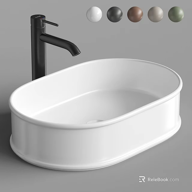 Contemporary White Oval Ceramic Bathroom Sink With Sleek Black Faucet Design 3d model 