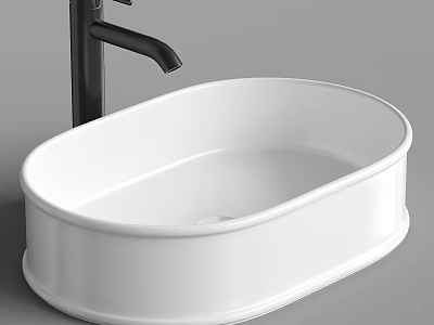 Contemporary White Oval Ceramic Bathroom Sink With Sleek Black Faucet Design 3d model