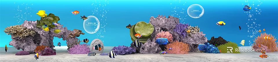 Vibrant Underwater Landscape With Colorful Corals Fish Bubbles Rocks Sand And Blue Water 3d model 