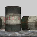 Rusty Green And White Oil Drums In Industrial Warehouse With Stone Floor And Windows