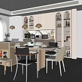 Modern Restaurant Interior with Dining Table Mixed Chairs Tableware Vase and Gold Pendant Lights