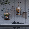 Decorative Ornament Set With Hanging Birdcages Glass Metal Frames Plants And Stone Arrangement