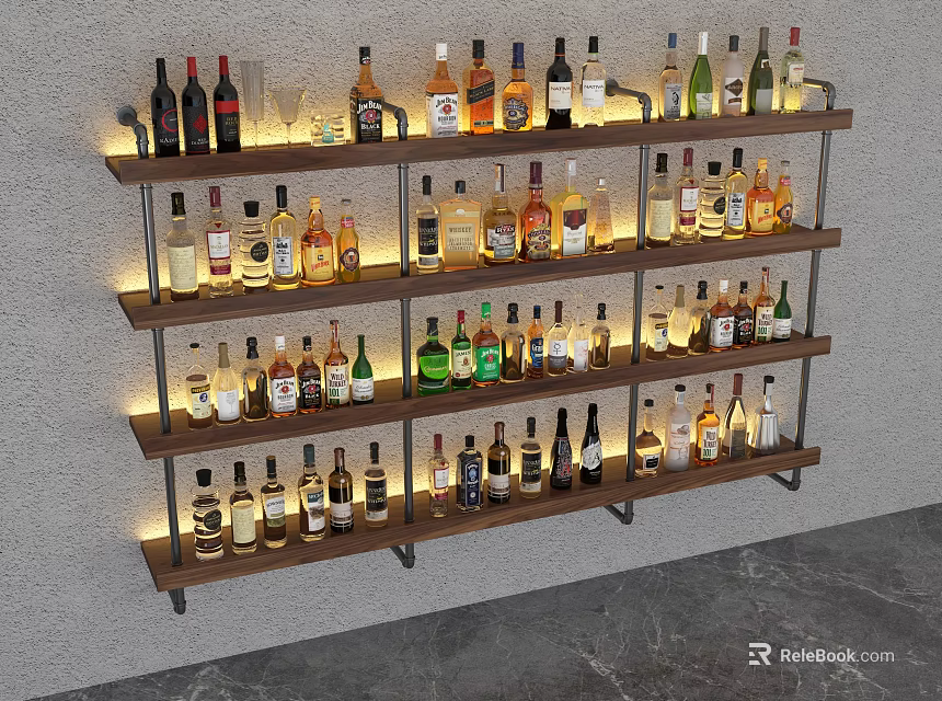 Multi Tiered Illuminated Wall Mounted Storage Shelf Displaying Various Wine Bottles 3d model