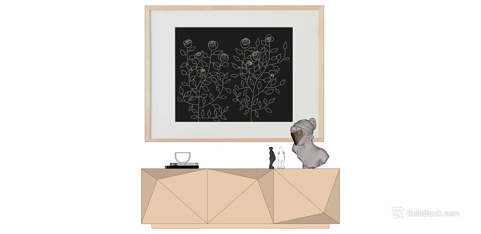 Black Floral Framed Artwork Above Geometric Cabinet With Koala Cat Ornaments And Cup 3d model 