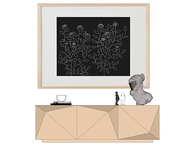 Black Floral Framed Artwork Above Geometric Cabinet With Koala Cat Ornaments And Cup 3d model