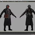 Man Wearing Military Helmet And Long Dark Coat With Leather Backpack