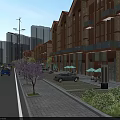 Vibrant Commercial Street With Multi Story Buildings Shops Cars Greenery Benches And Umbrellas