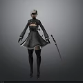 White Short Haired Woman In Black Dress And Gloves Holding Long Sword Against Gray Background