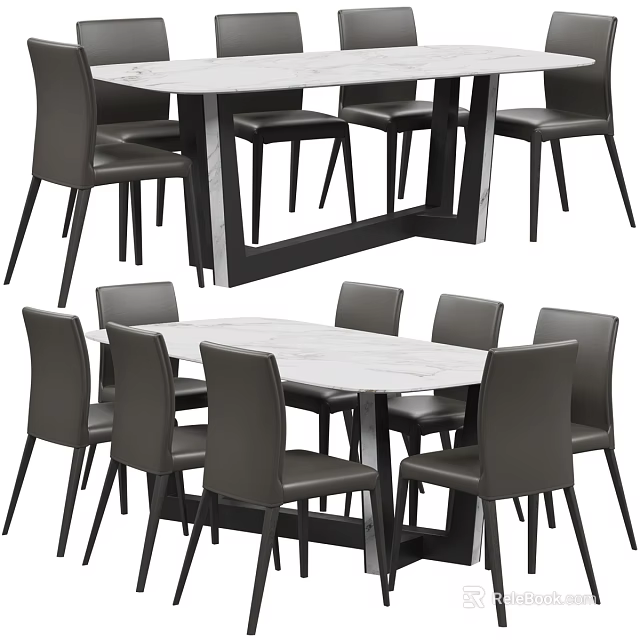 Modern Dining Table Set With Marble Top Black Frame And Six Gray Leather Chairs 3d model
