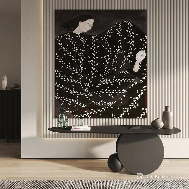 Stylish Interior With Large Art Painting And Black Console Table 3d model