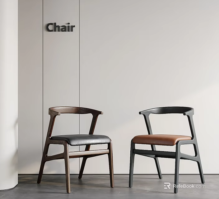Modern Minimalist Single Chairs With Wooden Frame And Leather Seat In Brown Black 3d model 