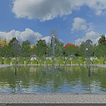 Water Fountain With Multiple Jets In Pool Surrounded By Autumn Trees Under Blue Sky