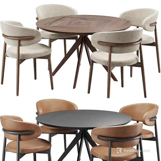 Two Styles Round Dining Table Sets with Wooden Frames and Cushioned Chairs 3d model 