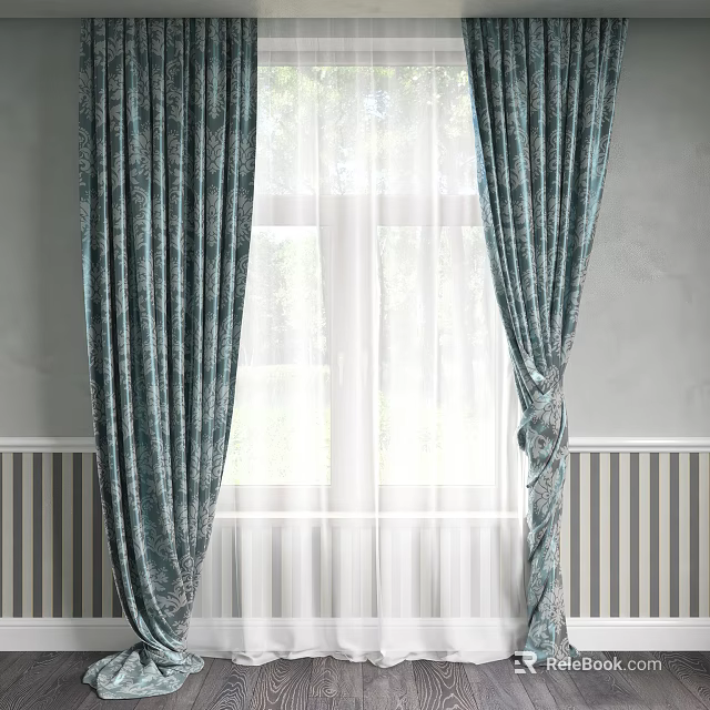 Teal Patterned Curtains With Sheer Layer For Window In Gray Walls And Striped Paneling 3d model 