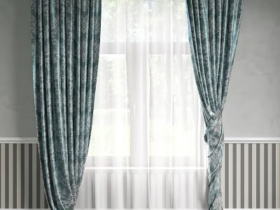 Teal Patterned Curtains With Sheer Layer For Window In Gray Walls And Striped Paneling 3d model