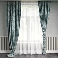 Teal Patterned Curtains With Sheer Layer For Window In Gray Walls And Striped Paneling