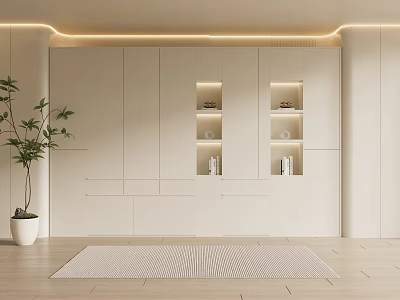 Modern White Minimalist Bookcase With LED Lights And Open Shelves In Living Room Interior 3d model
